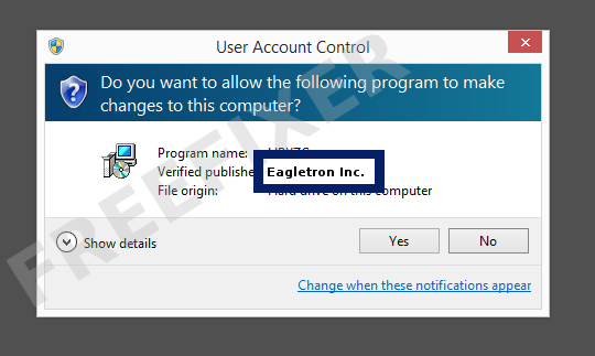 Screenshot where Eagletron Inc. appears as the verified publisher in the UAC dialog